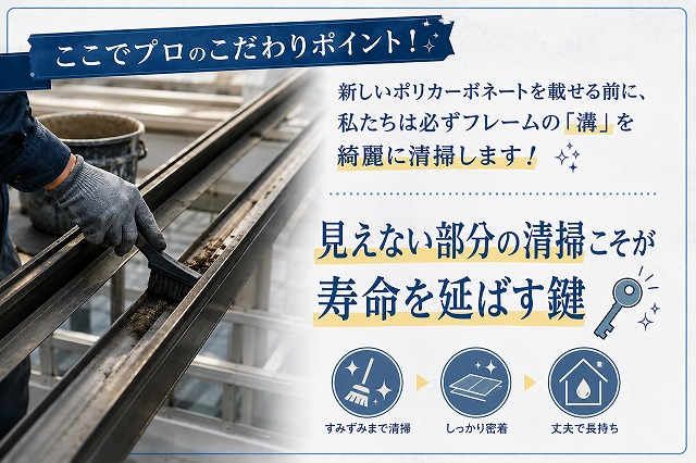 テラス屋根張り替えのこだわり　フレーム清掃